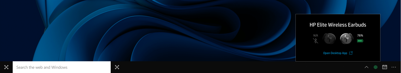 HP Elite Wireless Earbuds systray flyout showing 76% battery, earbud icons, and an Open Desktop App link, anchored above the Windows 11 taskbar.